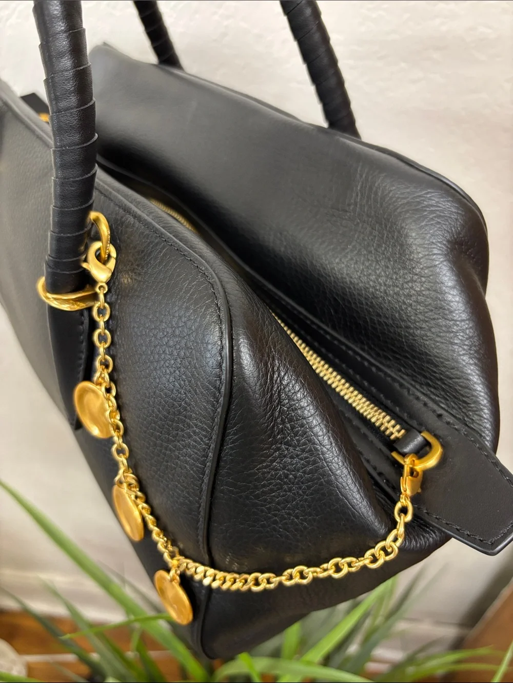 Donna Karan chantilly Satchel leather bag with Gold Charm Chain